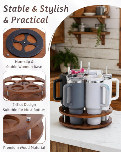 Rotating Wood Tumbler Organizer, 30 oz 40 oz Spinning Turnable Tumblers Holder, 360° Rotatable 7 Large Cups Bottle Tumbler Storage Display Stand, Rotate Syrup Organizer for Cabinet Countertop