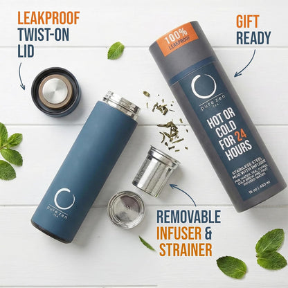 Pure Zen Tea Thermos with Infuser for Hot and Cold Infusions - Stainless Steel - Tea Infuser Bottle - Leakproof Travel Mug with Filter - 15oz - Blue