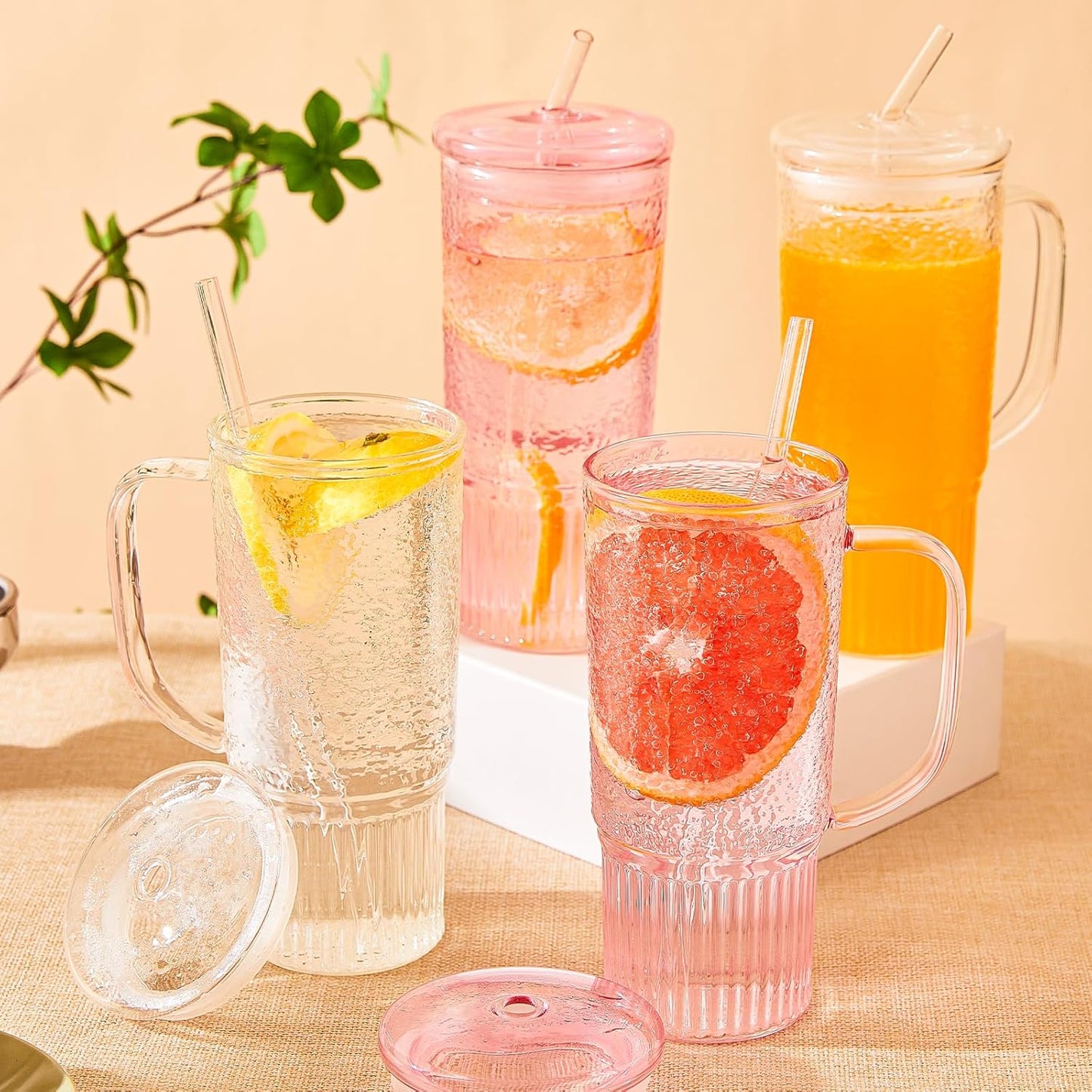 JunVpic Glass Cups with Lids and Straws,24oz Glass Tumbler with Handle Iced Coffee Cup for Coffee,Juice,Tea,Milk,Smoothie,Hot & Cold Drinks (Pink)