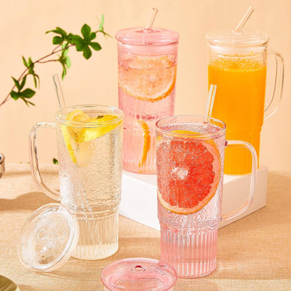 JunVpic Glass Cups with Lids and Straws,24oz Glass Tumbler with Handle Iced Coffee Cup for Coffee,Juice,Tea,Milk,Smoothie,Hot & Cold Drinks (Pink)
