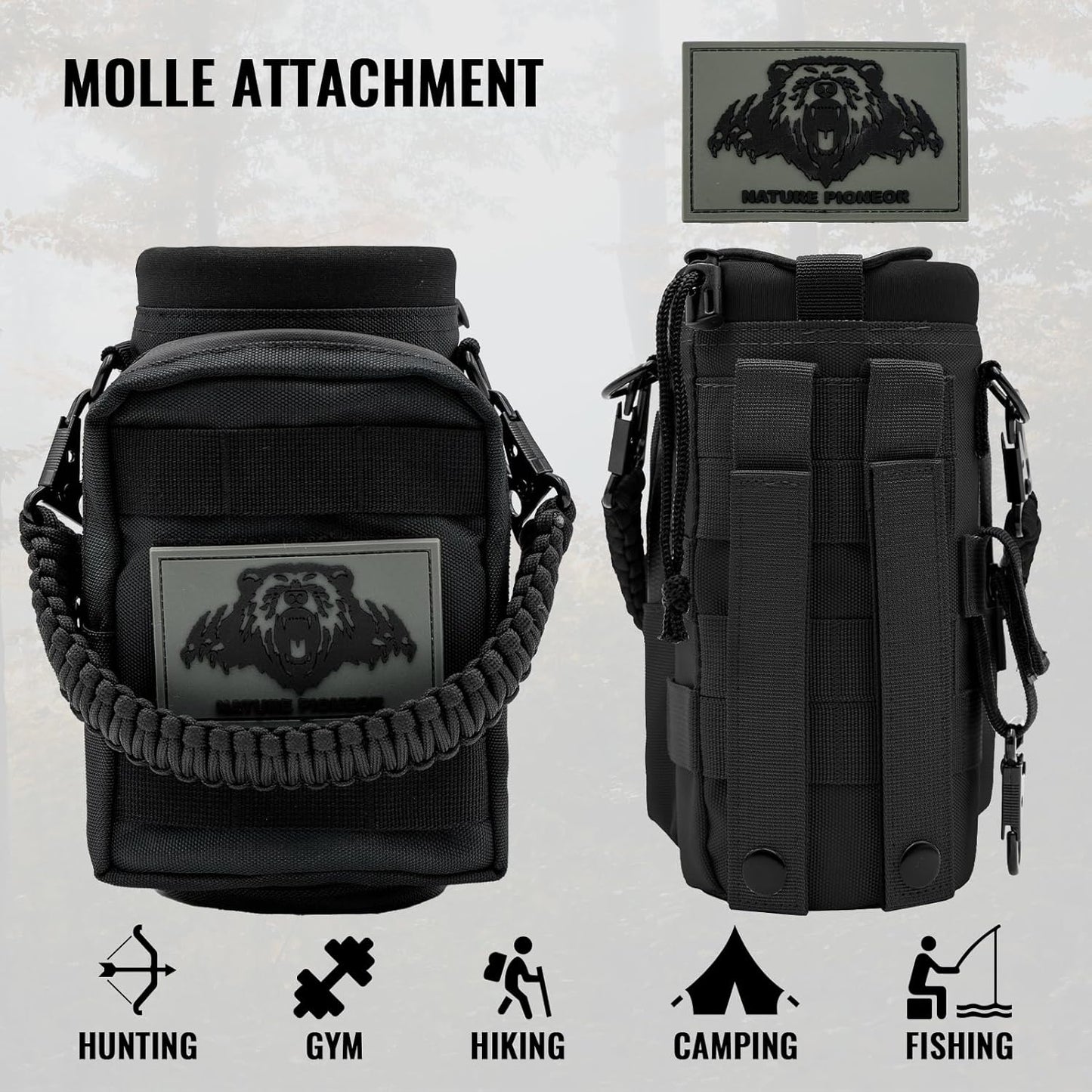 NATURE PIONEOR 32 64 128oz Tactical Water Bottle Pouch, Multi-Function Tactical Water Bottle Bag with Adjustable Shoulder Strap, Half/One Gallon Molle Strap Carrier Holder