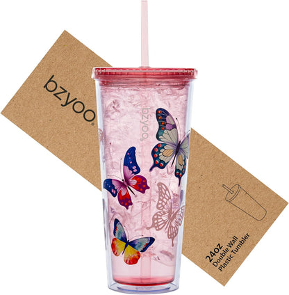 bzyoo SIP 24oz (710ml) Double Wall Plastic Tumbler with Lid and Straw Cold Drink Travel Mug Reusable Party Cup Perfect for Office Ice Coffee or Tea and Gift Color: Pink & Purple