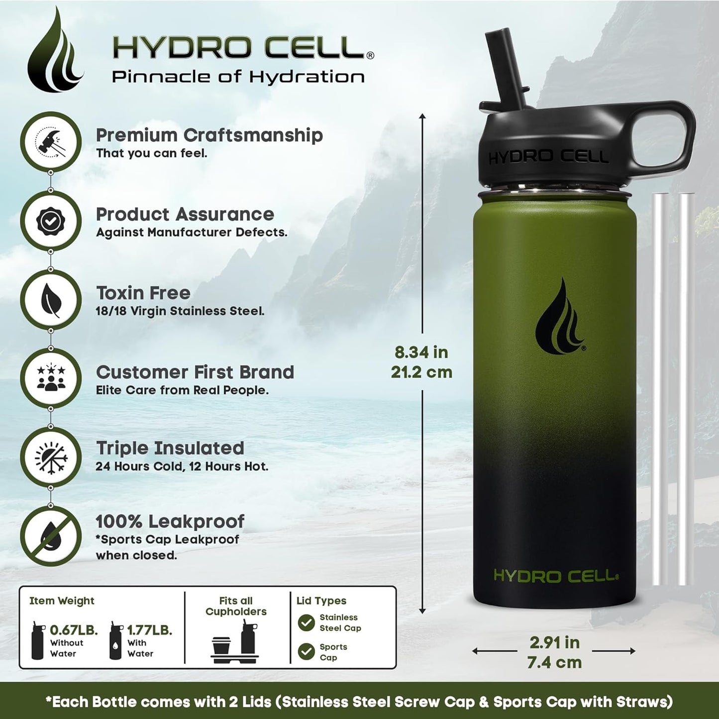 HYDRO CELL Stainless Steel Insulated Water Bottle with Straw - For Cold & Hot Drinks - Metal Vacuum Flask with Screw Cap and Modern Leakproof Sport Thermos for Adults (Neon 18oz)