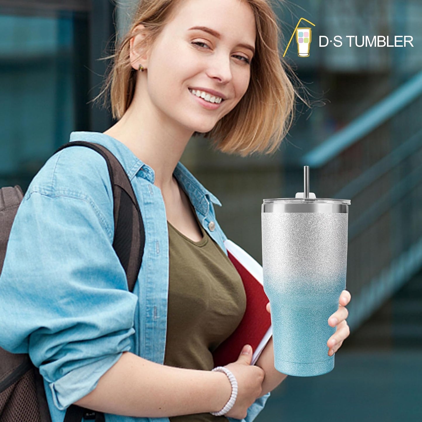 D·S 30oz Blue Tumbler Stainless Steel Double Wall Vacuum Insulated Mug with Straw and Lid, Cleaning Brush for Cold and Hot Beverages