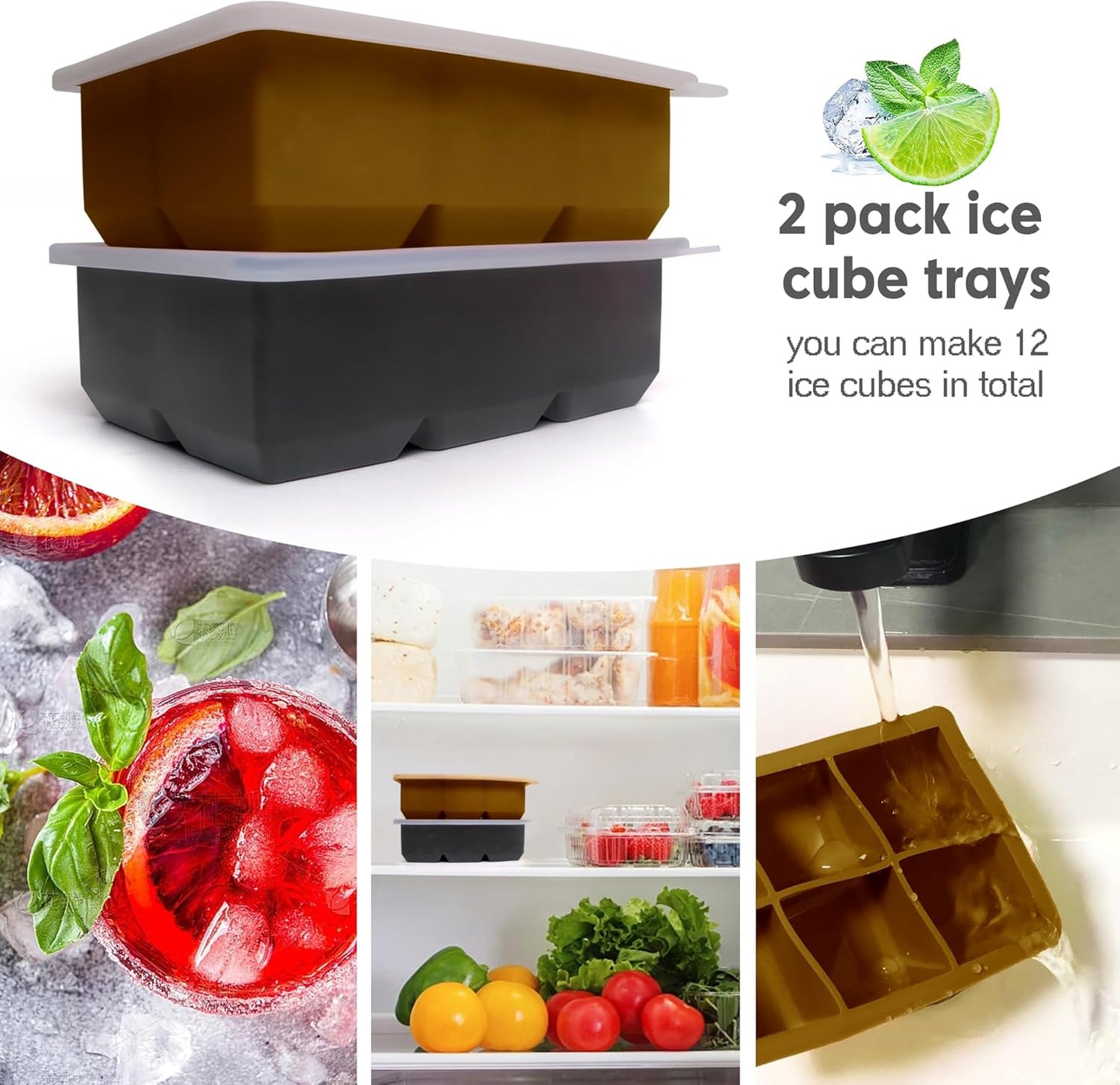 Excnorm Silicone Ice Cube Trays 3 Pack - Large Size Silicone Ice Cube Molds with Leak Proof Removable Lid Square Ice Cube Tray And BPA Free for Cocktail,Whiskey, Stackable Flexible Ice