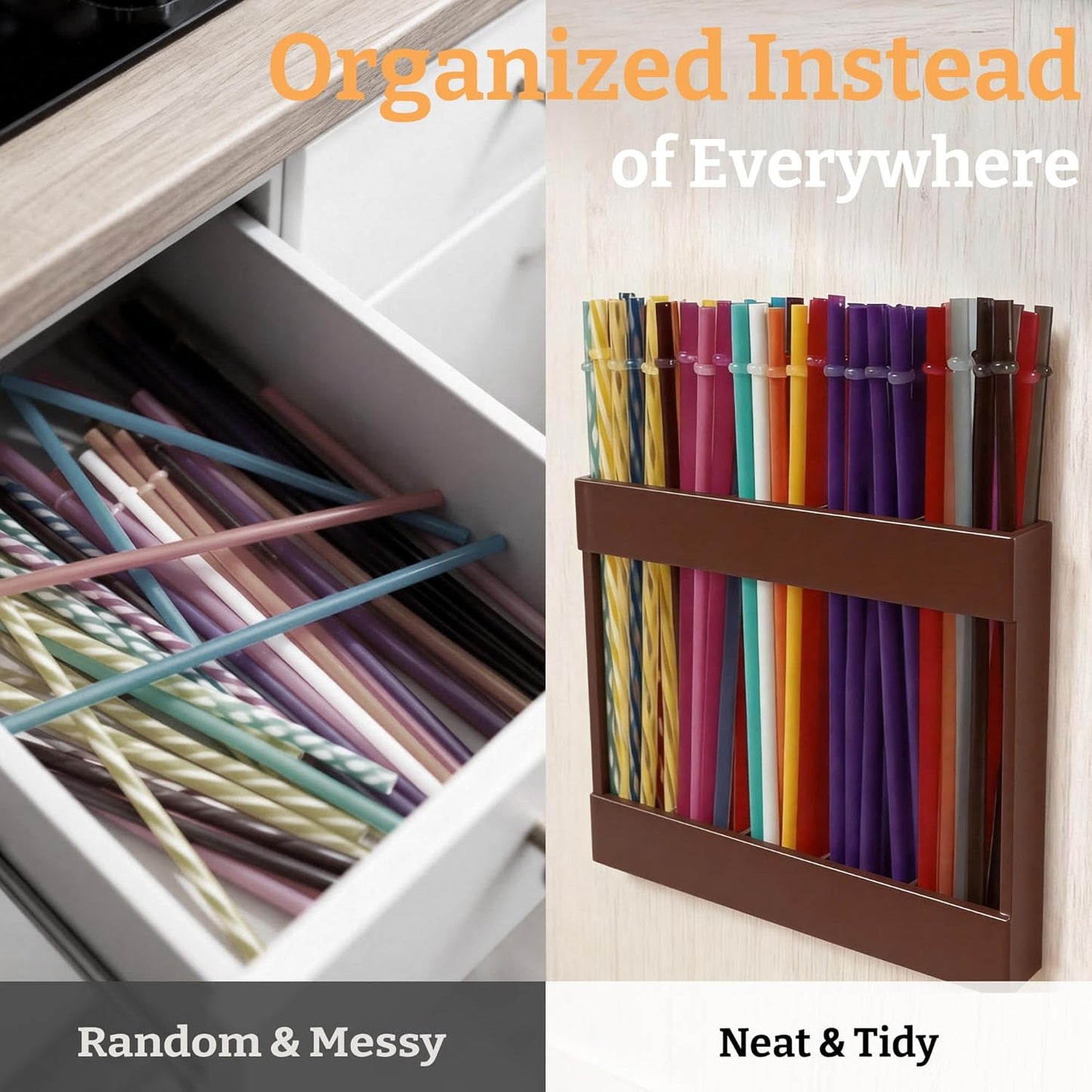 9.5” Large Acrylic Straw Holder for Cabinet Door with Detachable Ultra Sticky Adhesive Squares and Stickers, 2026 Reusable Straws Organizer Storage Dispenser for Kitchen Counter Cupboard