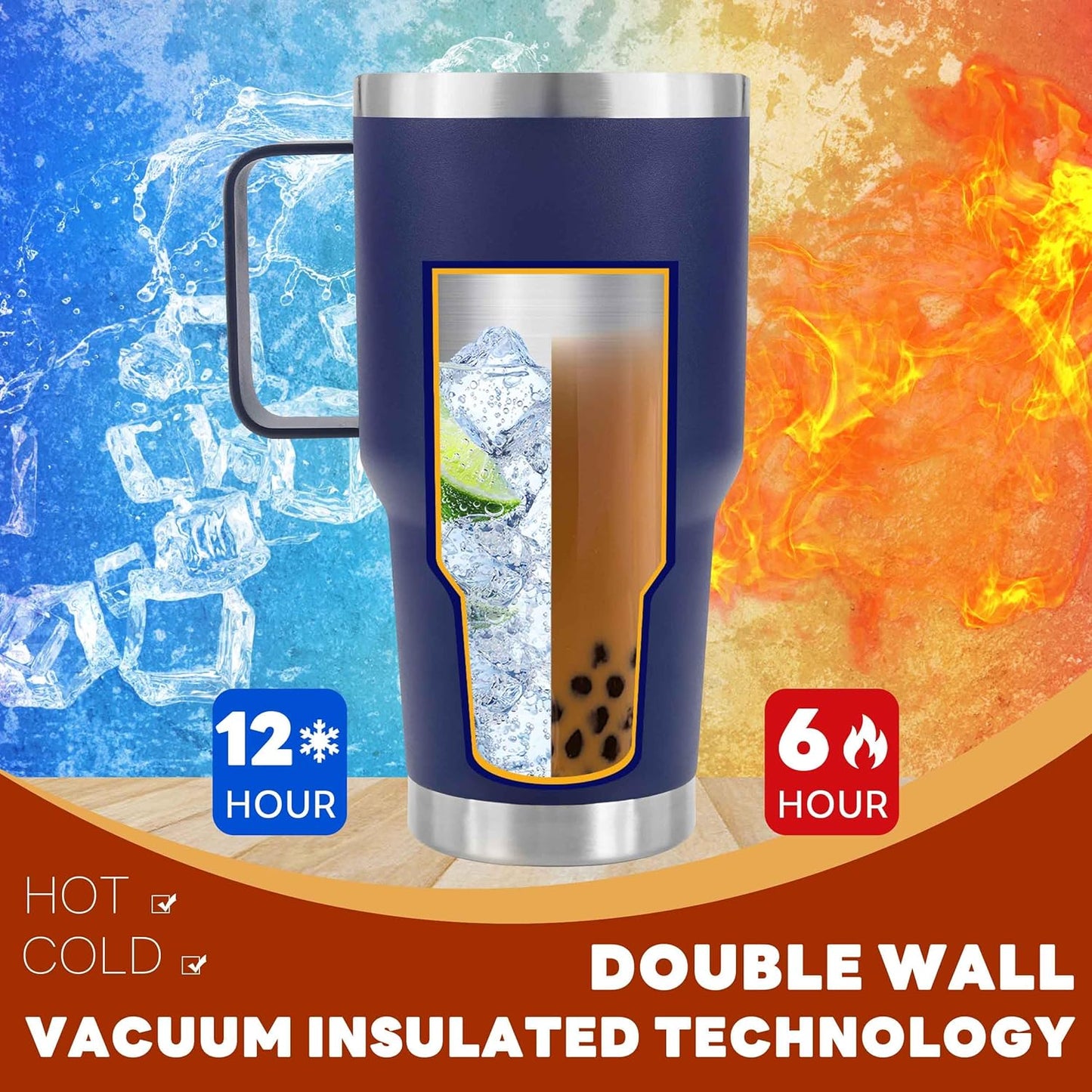 30 oz Tumbler With Handle, Double Wall Stainless Steel Vacuum Insulated Travel Mug with Splash-Proof Lid Metal Straw and Brush (Cream)
