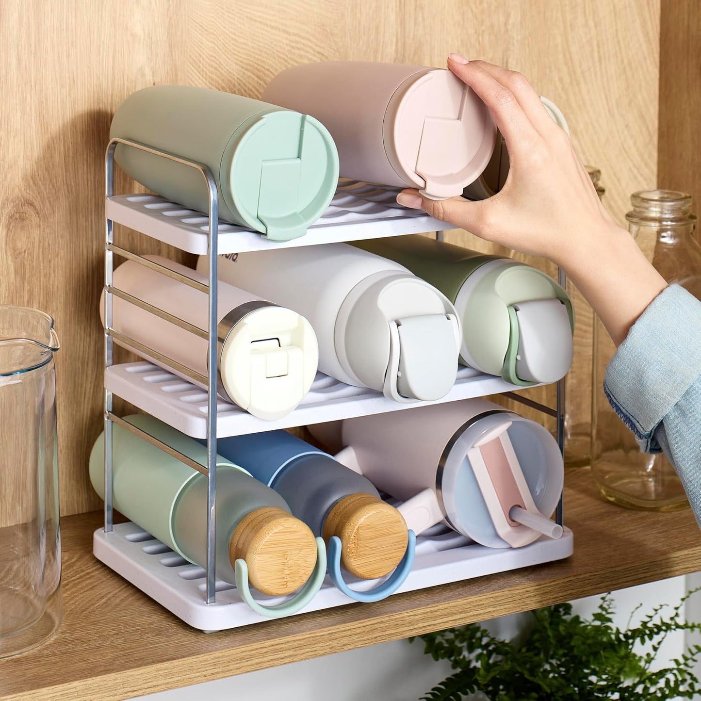 YouCopia UpSpace Water Bottle and Travel Mug Cabinet Organizer, Adjustable Storage Rack for Kitchen Organization, 3-Shelf