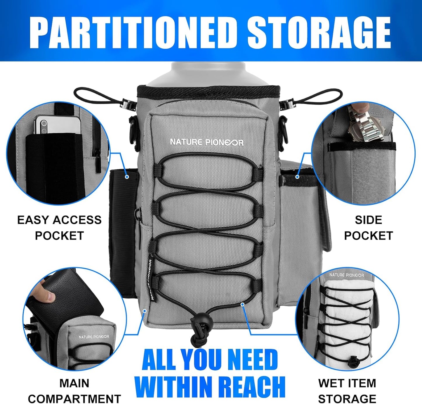NATURE PIONEOR Magnetic Gym Bag for Men and Women - Magnet Water Bottle Holder Sling Carrier with Crossbody Shoulder Strap,Gym Accessories Pouch,Phone Pockets for Sports,Walking,Travel,Workout