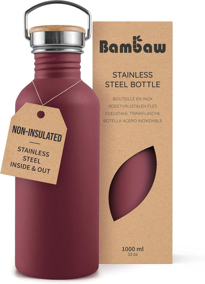 Bambaw Stainless Steel Water Bottles 32 oz, Non-insulated Single Wall Metal Water Bottle Stainless Steel, Reusable & Eco Friendly, Dishwasher Safe – Silver | Non-insulated