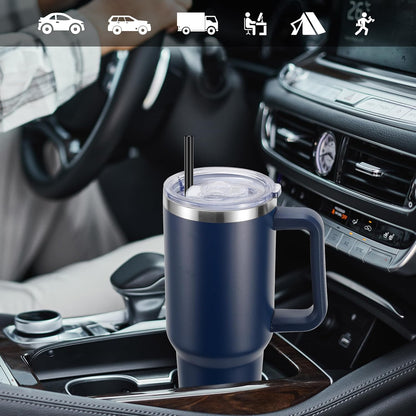 DOMICARE 40 oz Tumbler with Handle and Straw, Stainless Steel Tumbler with Lid and Straw, Reusable Vacuum Insulated Cup, Travel Coffee Mug, Blue, 1Pack