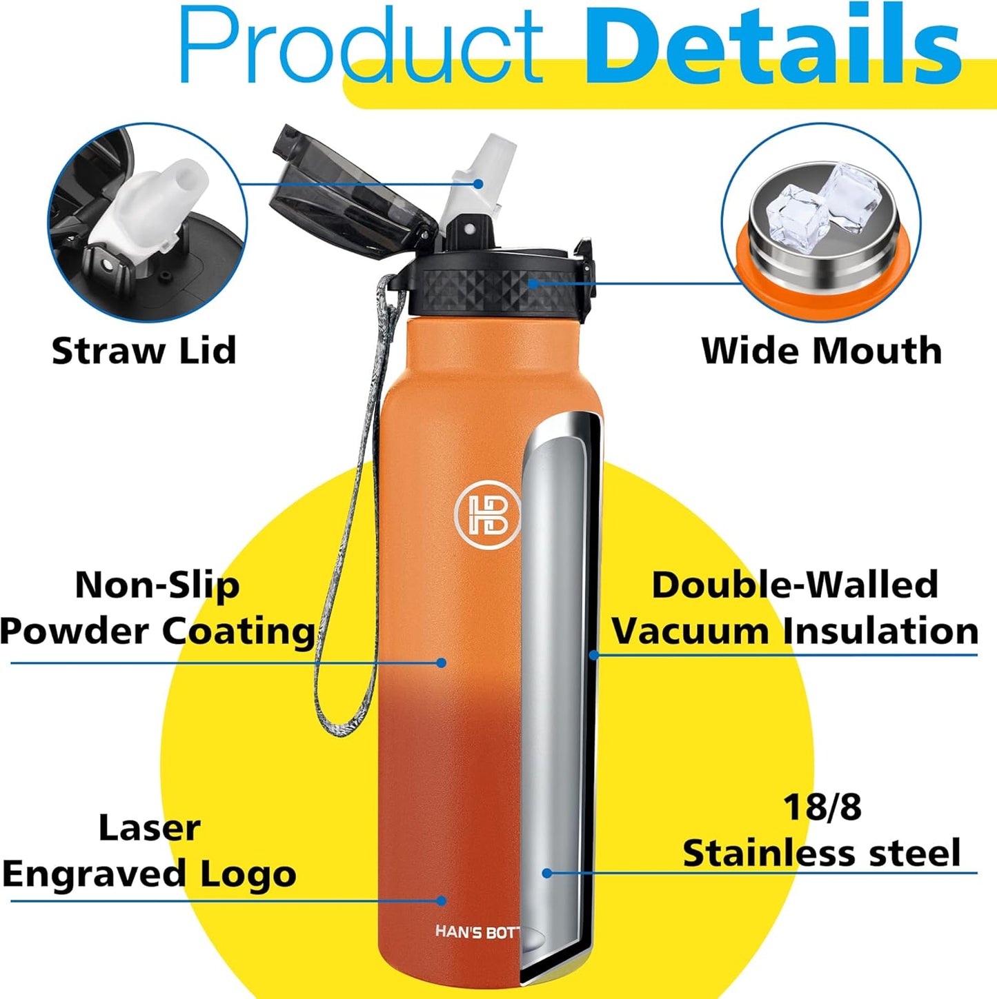 Han's Bottle Sports Water Bottle - 24 Oz, Straw Lid, Leak Proof, Vacuum Insulated Stainless Steel, Double Walled, Thermo Mug,Black
