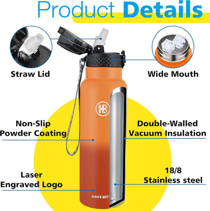 Han's Bottle Sports Water Bottle - 24 Oz, Straw Lid, Leak Proof, Vacuum Insulated Stainless Steel, Double Walled, Thermo Mug,Black