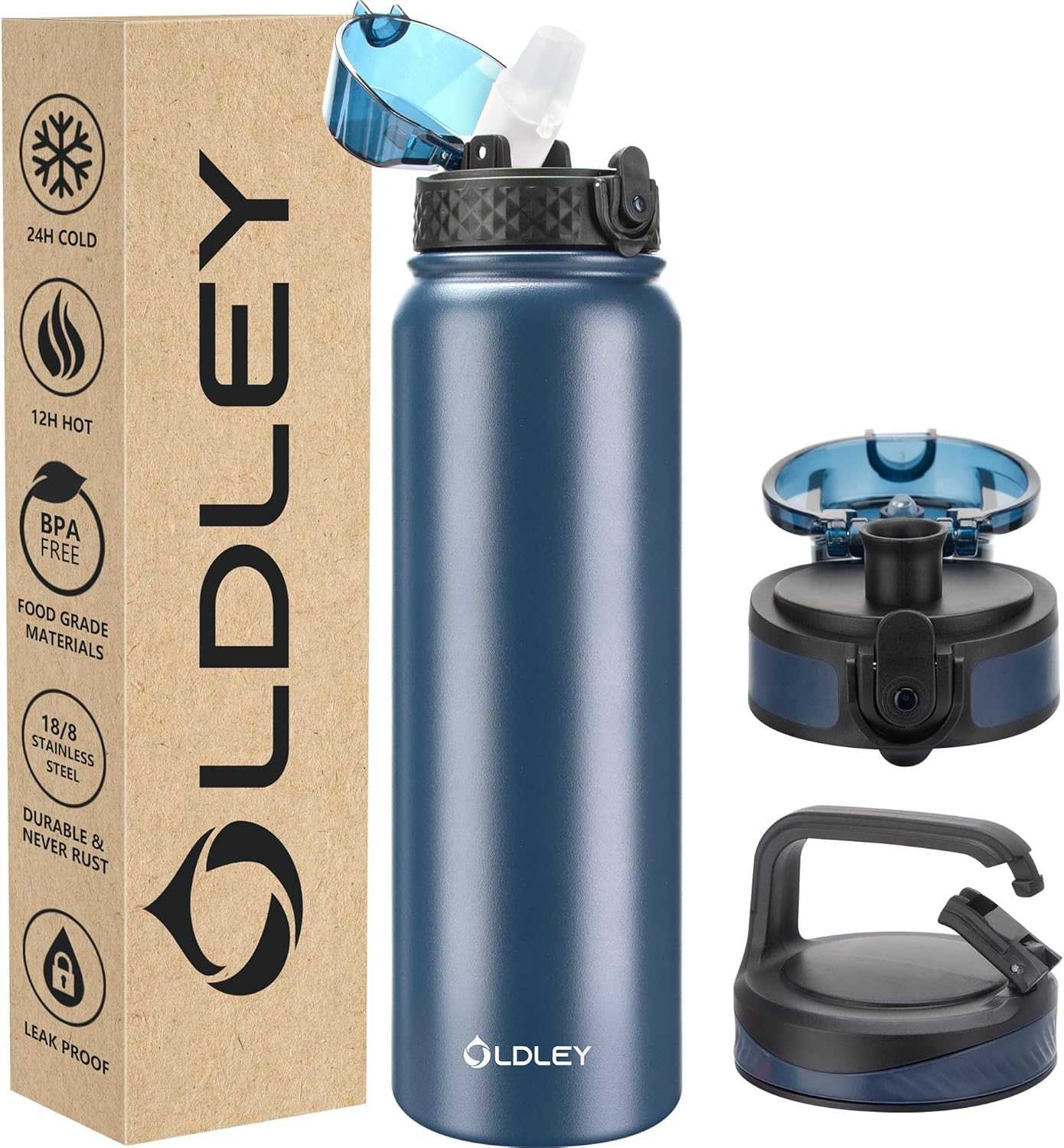 Oldley Insulated Water Bottle 20oz for Adults Kids Stainless Steel Water Bottles with Straw/Chug/Carabiner 3 Lids Fruit Strainer Double Wall Vacuum Wide Mouth BPA Free Leak-Proof for School Travel