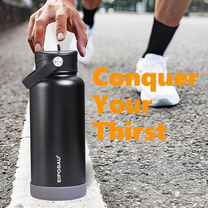 Insulated Water Bottle with Lid & Boot & Stickers, 24 oz Stainless Steel Sweat Free Bottle Keep Cold 24H, BPA-Free Sports Wide Mouth Water Bottle, BlueBlack
