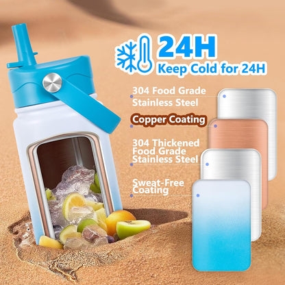 Insulated Water Bottle with Lid & Boot & Stickers, 24 oz Stainless Steel Sweat Free Bottle Keep Cold 24H, BPA-Free Sports Wide Mouth Water Bottle, BlueBlack