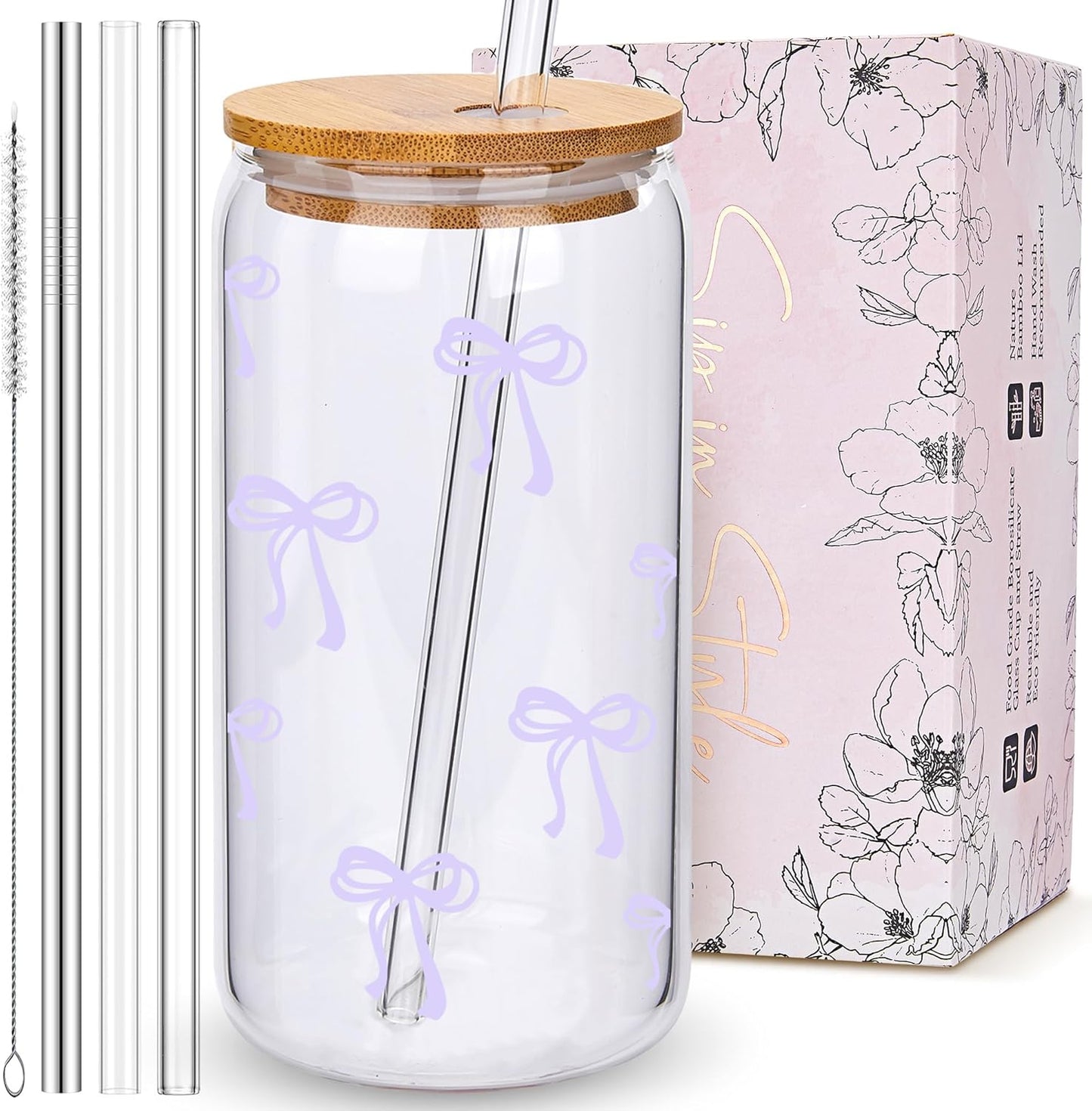 Coquette Cute Pink Bow Glass Cups with Lids and Straws, Aesthetic Iced Coffee Matcha Cup, Girly Preppy Design Tumbler Mug, Valentines Christmas Birthday Gifts for Women, Teen Girl Gifts Trendy Stuff