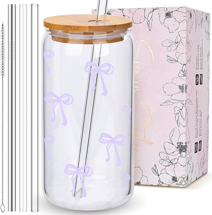Coquette Cute Pink Bow Glass Cups with Lids and Straws, Aesthetic Iced Coffee Matcha Cup, Girly Preppy Design Tumbler Mug, Valentines Christmas Birthday Gifts for Women, Teen Girl Gifts Trendy Stuff