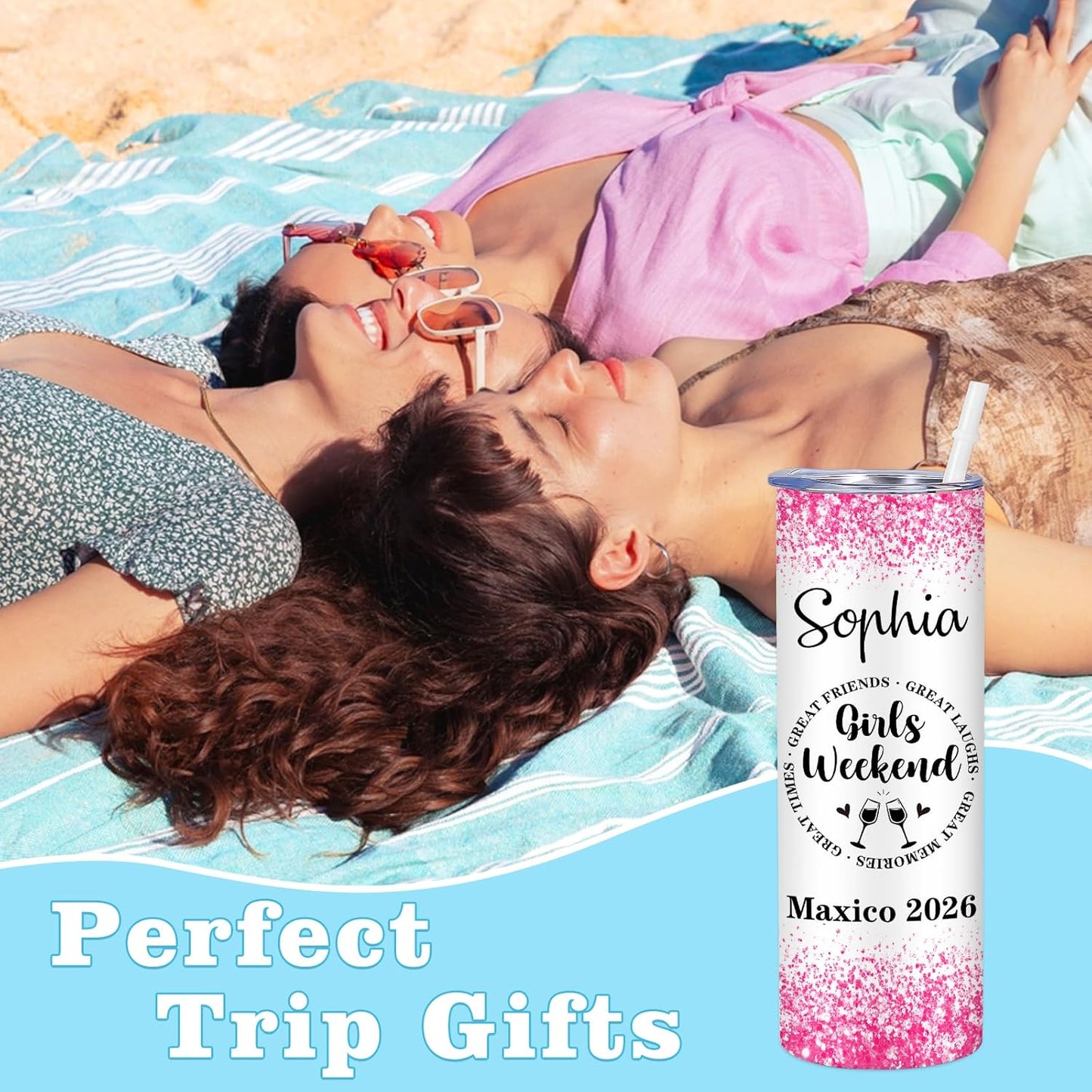 Girl Trip Gifts for Women, Personalized Girls Trip Tumblers with Name Text, Custom Beach Tumbler, Road Trips Vacation Cruise Cup with Lid and Straw, Bachelorette Party Girl Weekend Gift For Friend