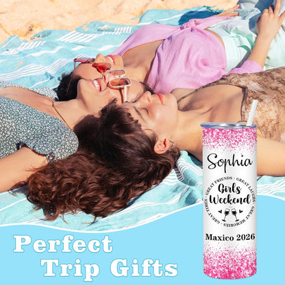 Girl Trip Gifts for Women, Personalized Girls Trip Tumblers with Name Text, Custom Beach Tumbler, Road Trips Vacation Cruise Cup with Lid and Straw, Bachelorette Party Girl Weekend Gift For Friend
