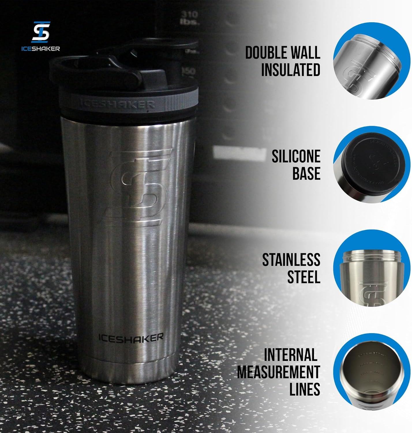 Ice Shaker Insulated Stainless Steel Shaker Bottle | 26oz, Black | Cold for 30+ Hours | Insulated Cup with Twist-on Agitator | Odor-Free Bottle for Protein Shakes, Water, Smoothies, Cocktails