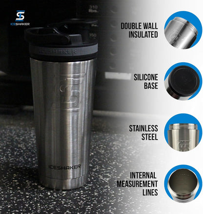 Ice Shaker Insulated Stainless Steel Shaker Bottle | 26oz, Black | Cold for 30+ Hours | Insulated Cup with Twist-on Agitator | Odor-Free Bottle for Protein Shakes, Water, Smoothies, Cocktails