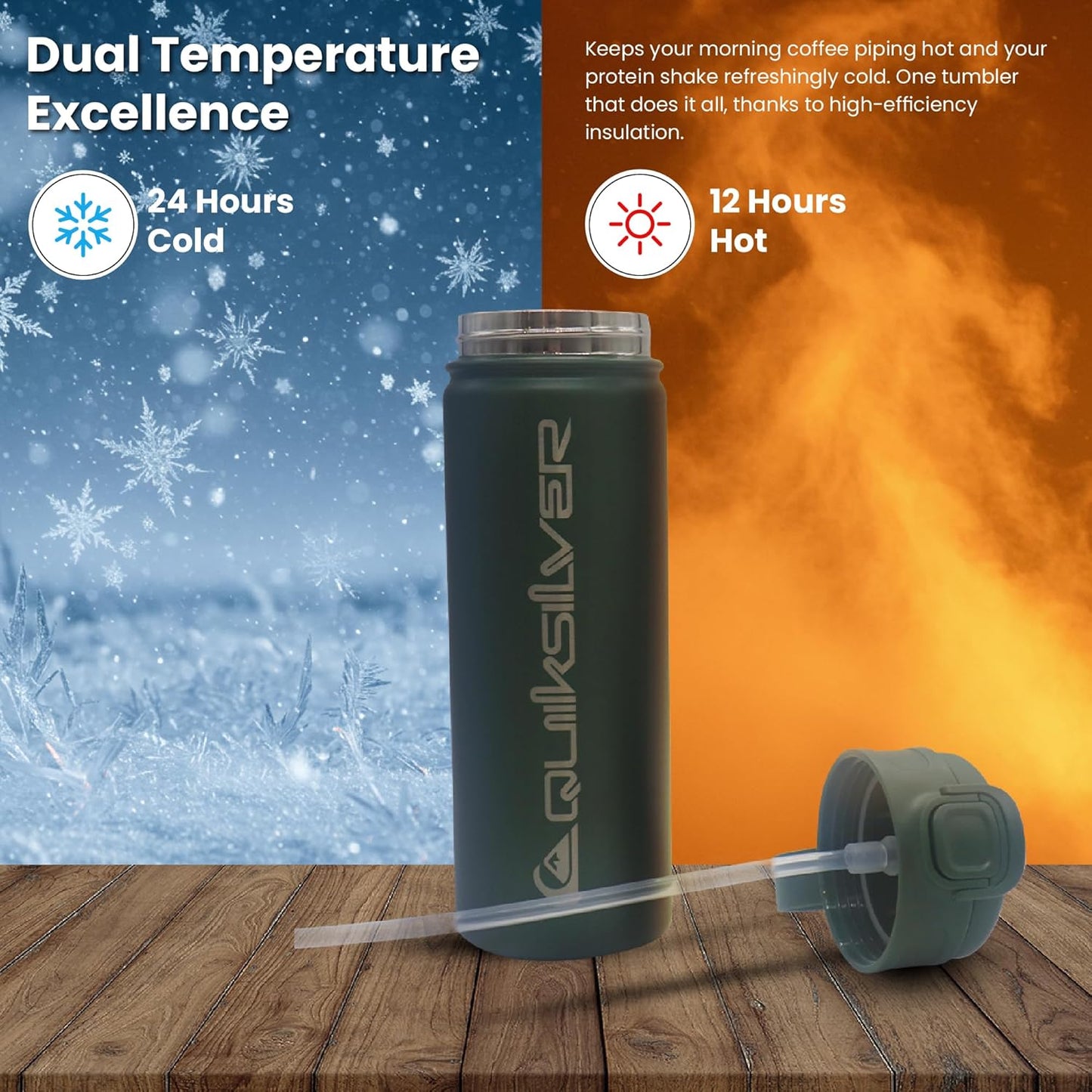 Quiksilver Laguna 32oz Tripple Wall Stainless Steel Water Bottle, Reusuable Sports Bottle with Leak-Proof Straw and Spout Lid, Non-Slip Rubber Base, Carrier Handle, 24H Hot & Cold Insulated Tumbler