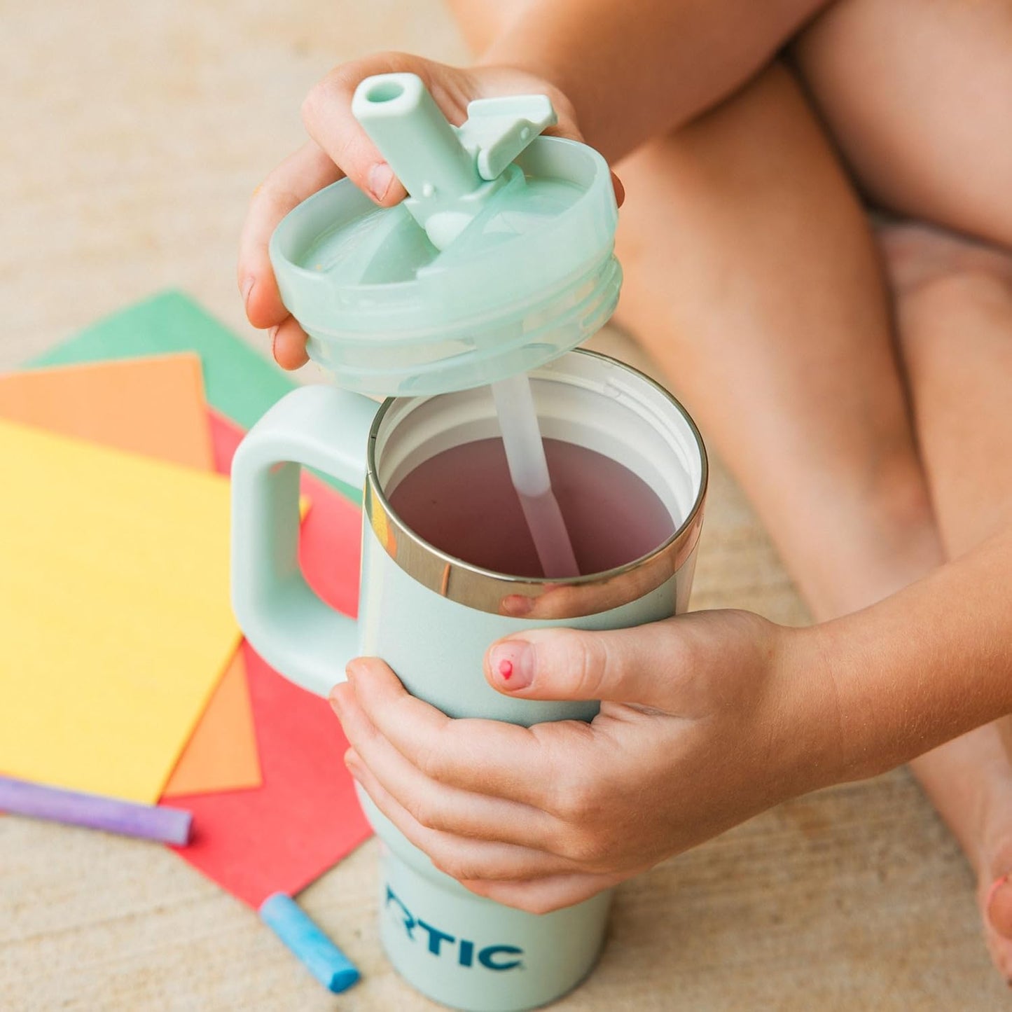 RTIC Little Road Trip Tumbler 16oz for Kids with Straw Lid and Handle, Ceramic Lined, Insulated Stainless Steel Travel Water Mug Cup, Leak-Proof, RTIC Ice Glitter