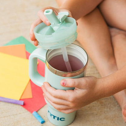 RTIC Little Road Trip Tumbler 16oz for Kids with Straw Lid and Handle, Ceramic Lined, Insulated Stainless Steel Travel Water Mug Cup, Leak-Proof, RTIC Ice Glitter