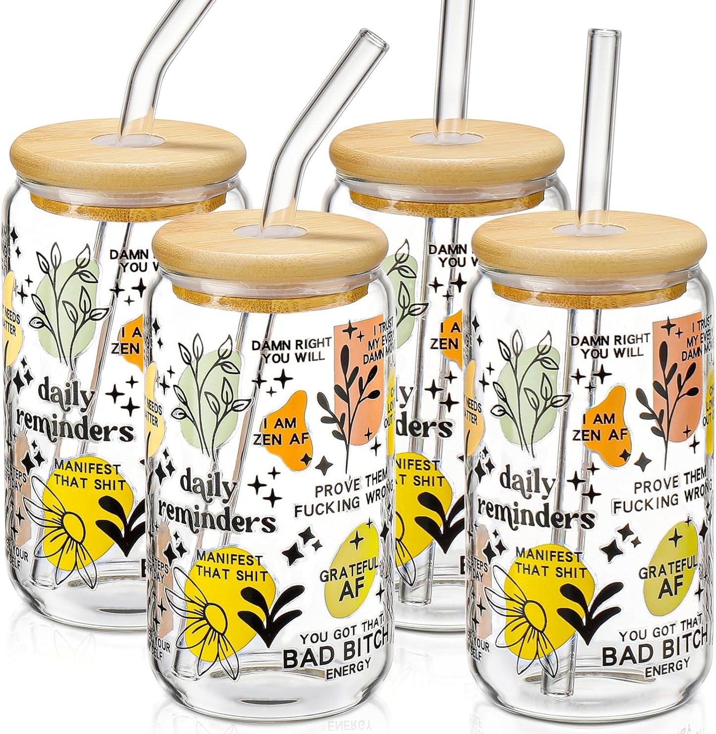 DWTS DANWEITESI Glass Cups with Lids and Straws 4 pcs,16oz Drinking Glasses Set for Coffee Bar Accessories,Iced Coffee Cups with Lids,Matcha Cup Glass Tumbler Reusable for Gifts