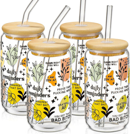 DWTS DANWEITESI Glass Cups with Lids and Straws 4 pcs,16oz Drinking Glasses Set for Coffee Bar Accessories,Iced Coffee Cups with Lids,Matcha Cup Glass Tumbler Reusable for Gifts