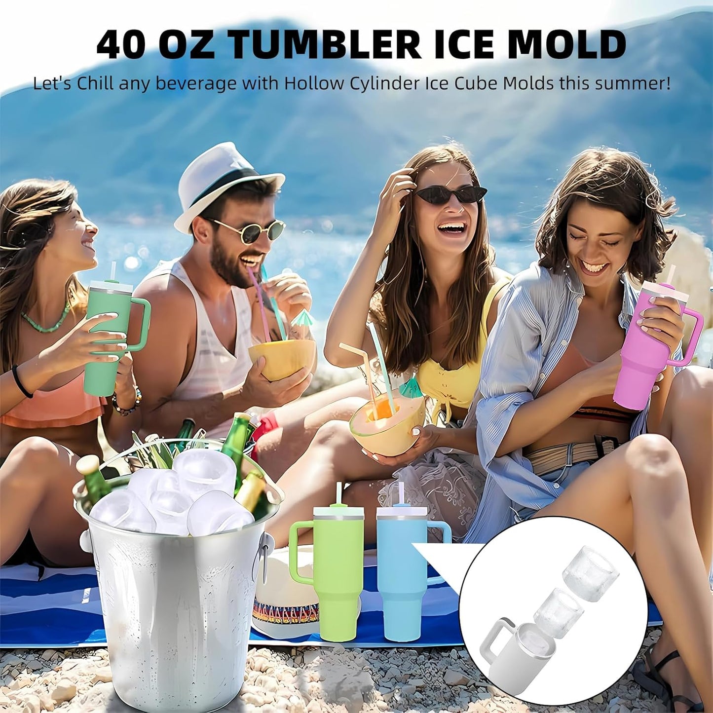 Tcamp Ice Mold for 30-40 oz Tumbler Cup, Silicone Ice Cube Tray With Lid and Bin for Freezer, Ice Ring Ice Maker for Chilling Cocktails, Whiskey, Drinks, Coffee, Easy Fill and Release (Black)