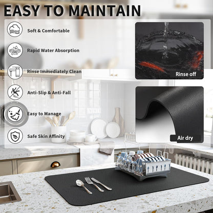HotLive Dish Drying Mat for Kitchen Counter, Heat Resistant Drainer Mats with Non-slip Rubber Backed, Hide Stain Kitchen Super Absorbent Draining Mat, Easy to Clean Dish Rack Pad, Dark Grey 16"x18"