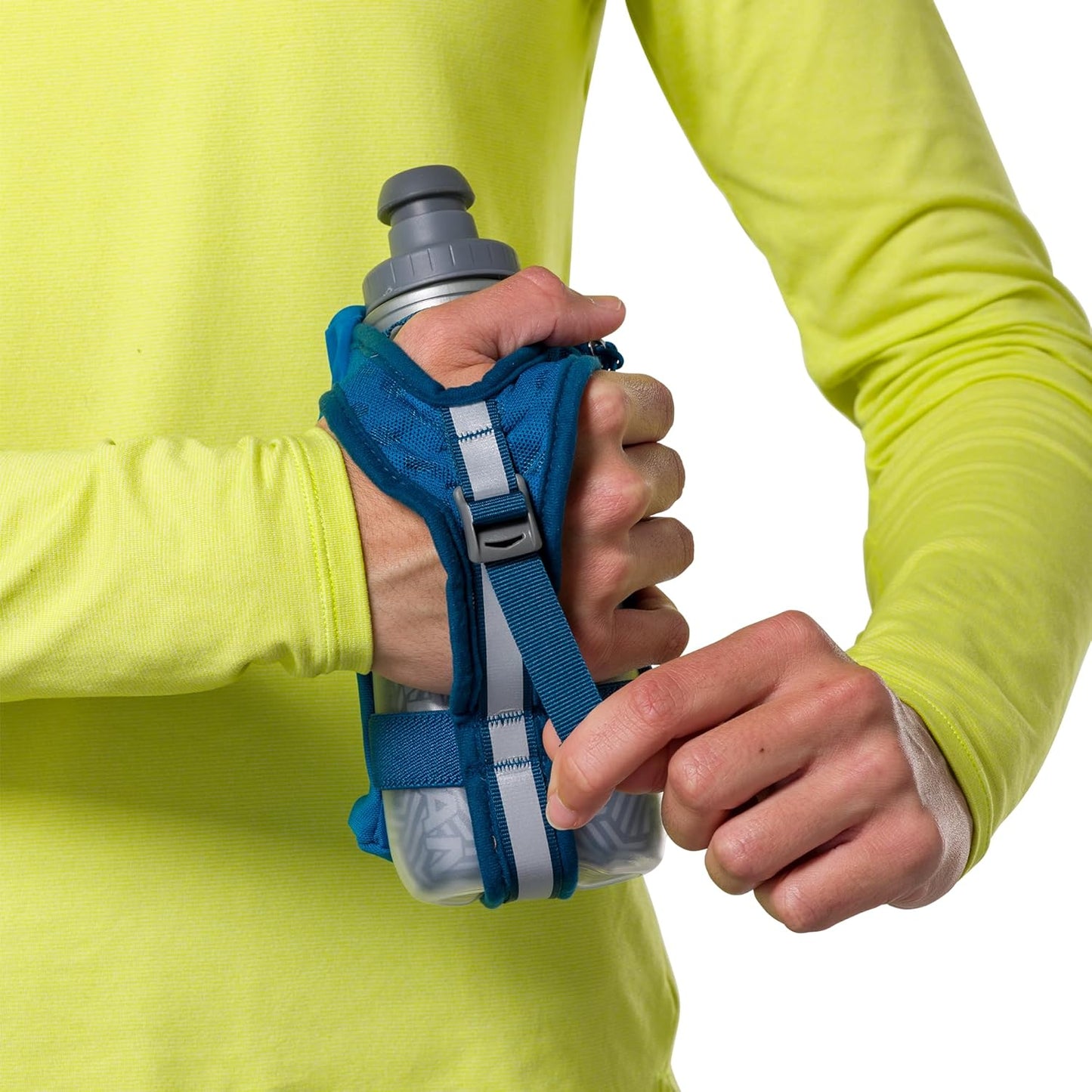 Nathan SpeedDraw 2 Insulated Handheld Running Water Bottle Flask 18oz – Double-Wall Insulation, Ergonomic Grip, Blast Valve Cap, Phone & Key Storage Pockets, Reflective Design