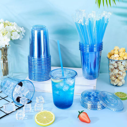 tchrules 100 Set 16oz Plastic Cups with Lids and Straws, Disposable Clear Iced Coffee Cup with Lid, Round Bottom Plastic To Go Cups for Cold Drinks Slushie Smoothie Lemonade Matcha Party Shop Supplies