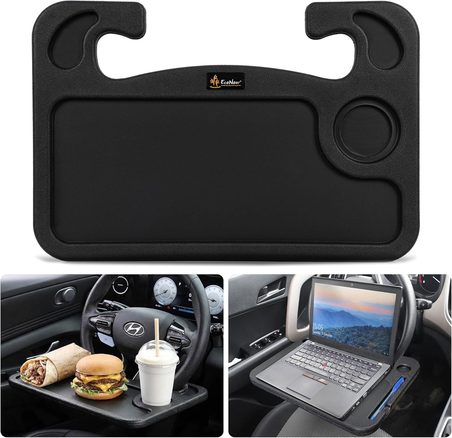 EcoNour 2 in 1 Car Steering Wheel Desk | Tray for Laptop Car Mount with Pen Holder | Desk Console for Car | Food Tray for Eating with Drinks Holder | Multipurpose Travel Car Accessories