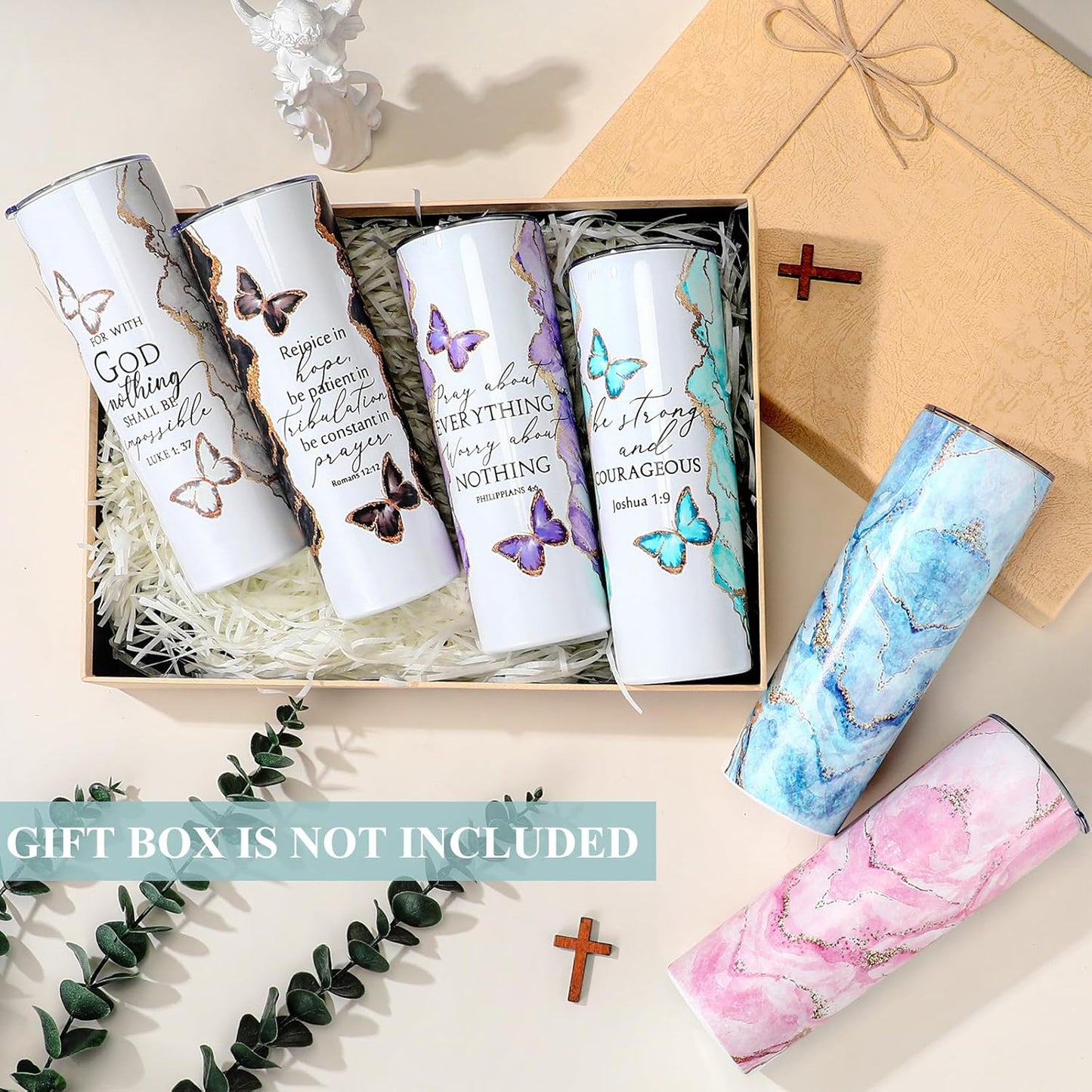 Geiserailie 6 Sets Christian Tumblers for Women 20 oz Marble Stainless Steel Cups with Lid Straw and Brush Inspirational Bible Verse Faith Gifts for Graduation End of Year Friends Coworkers Church