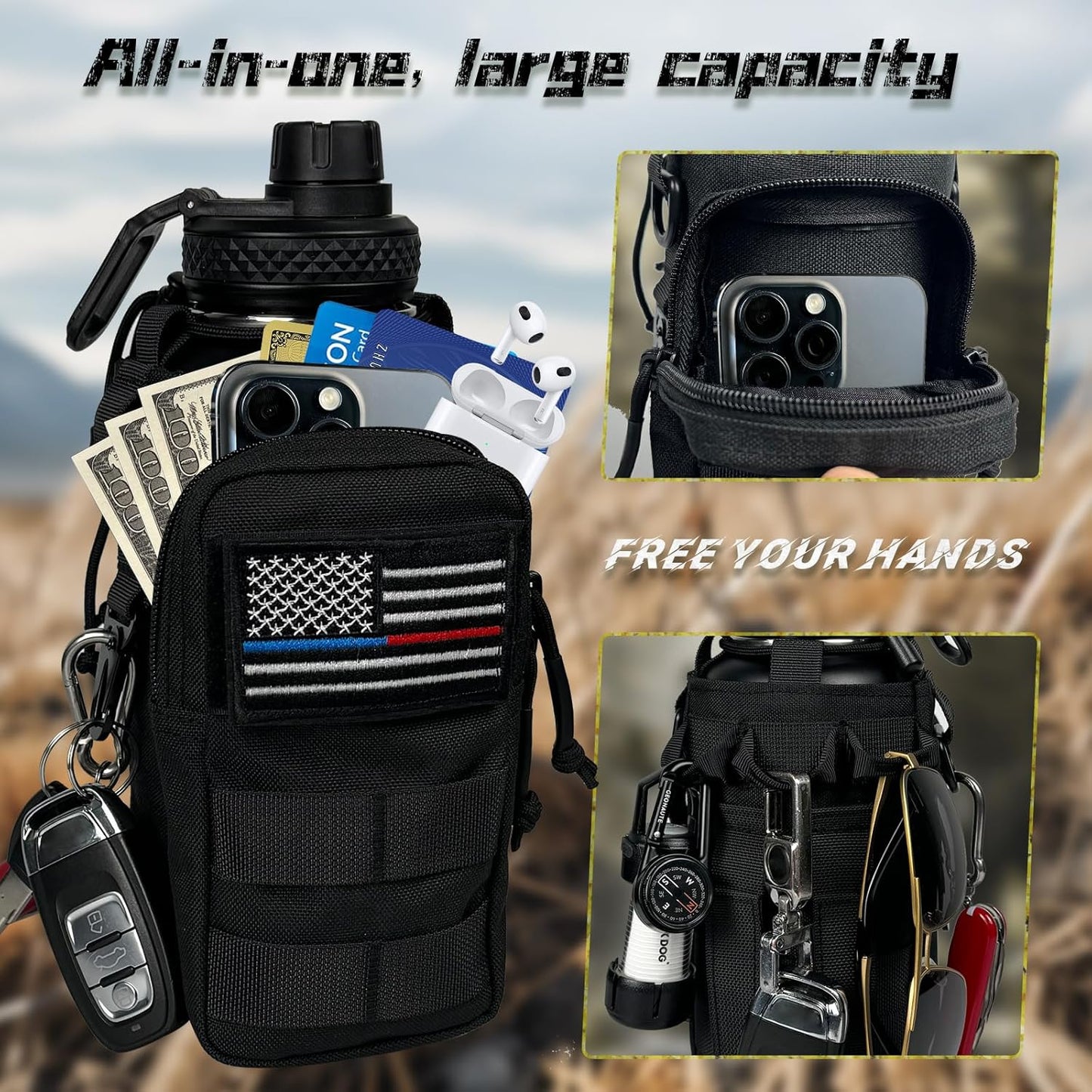 32 oz Insulated Water Bottle with Sleeve - Tactical Stainless Steel Gym Water Bottles for Men, Sports Water Bottle for Hiking Camping Outdoor with Camo Pouch
