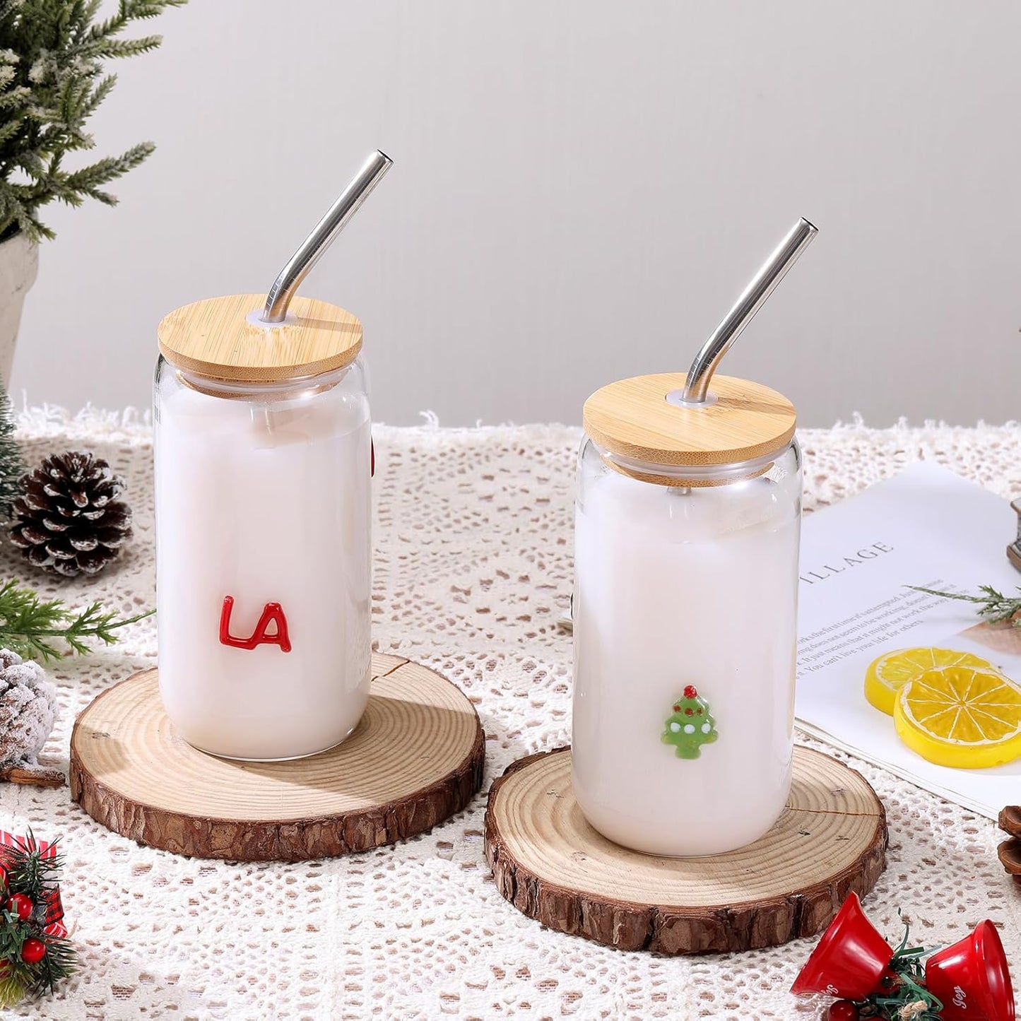 Honeydak 2 Pcs Icon Juice Glass Tumbler with Lid & Straw - 18 oz Cloud and Sun Icon Can Shape Glass Cups Coffee Juice Beer Soda Drinking Cup for Summer Halloween Christmas Party Supplies Gift