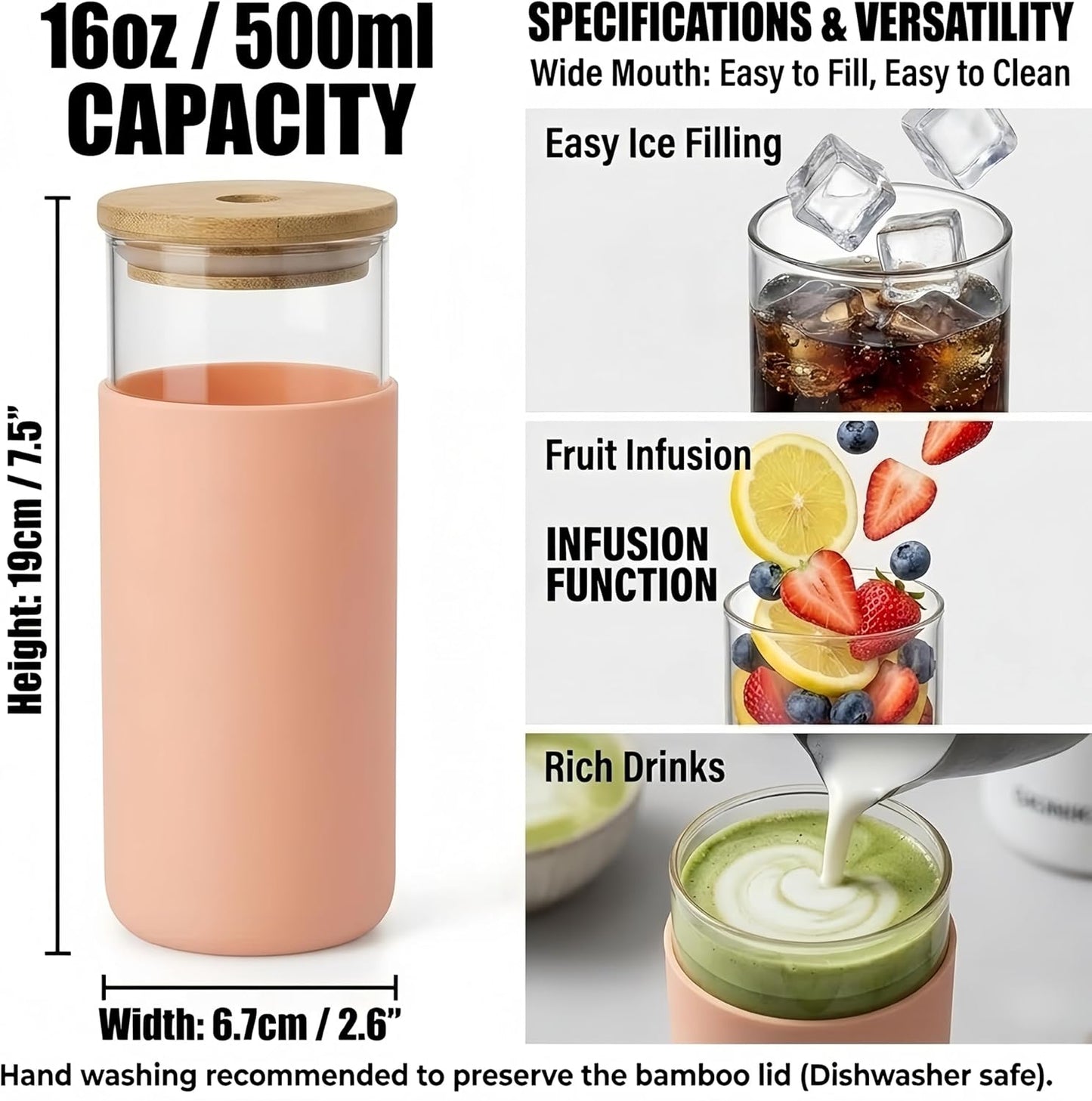 16oz Glass Tumbler with Lid and Straw, Thick Borosilicate Glass Iced Coffee Cup with Protective Silicone Sleeve, Car Cup Holder Friendly Reusable Smoothie Cup for Matcha Tea and Boba, Gift Box Ready