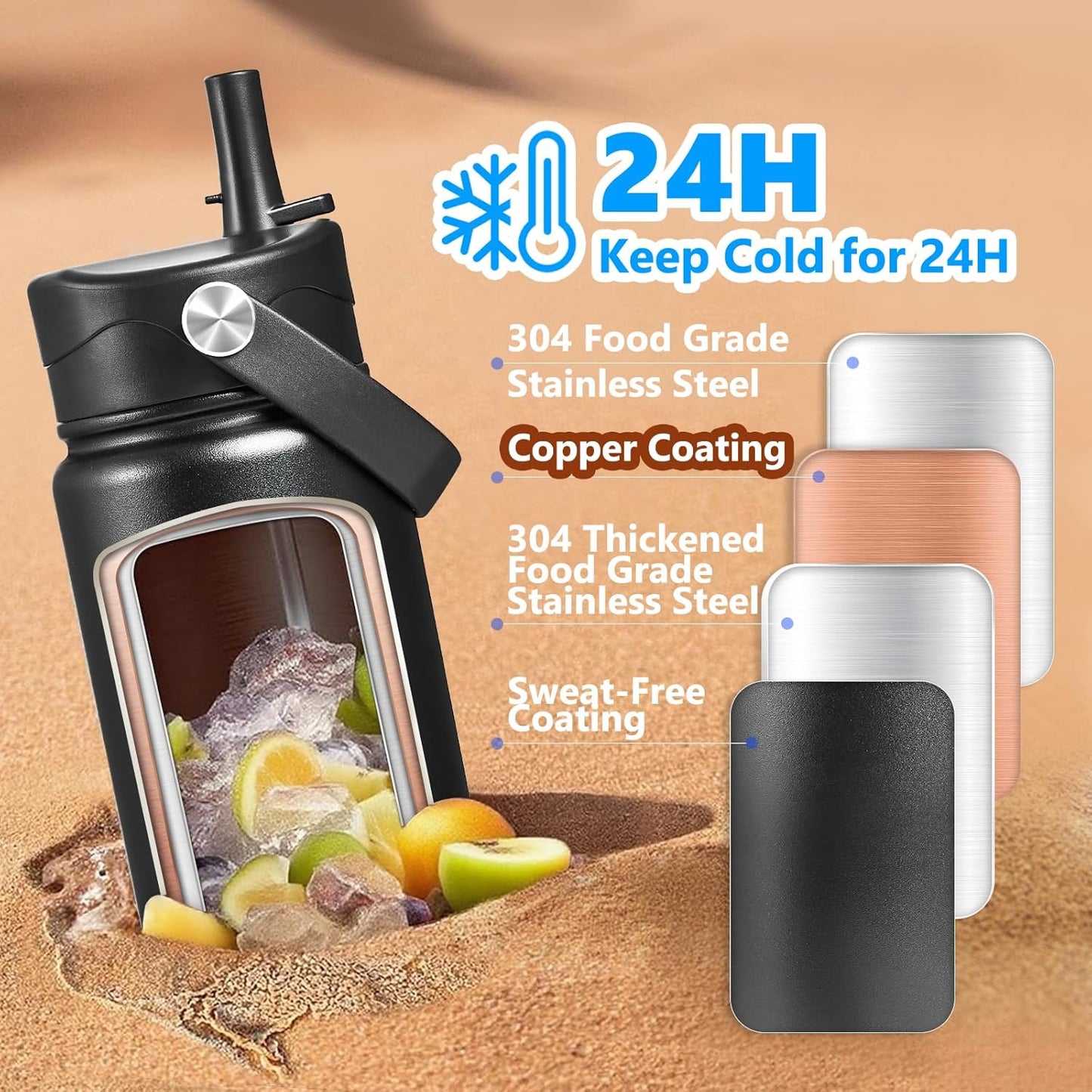 Insulated Water Bottle with Lid & Boot & Stickers, 24 oz Stainless Steel Sweat Free Bottle Keep Cold 24H, BPA-Free Sports Wide Mouth Water Bottle, BlueBlack
