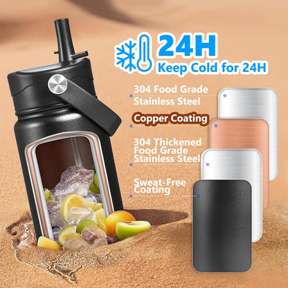 Insulated Water Bottle with Lid & Boot & Stickers, 24 oz Stainless Steel Sweat Free Bottle Keep Cold 24H, BPA-Free Sports Wide Mouth Water Bottle, BlueBlack
