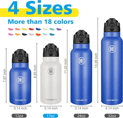 Han's Bottle Sports Water Bottle - 24 Oz, Straw Lid, Leak Proof, Vacuum Insulated Stainless Steel, Double Walled, Thermo Mug,Black