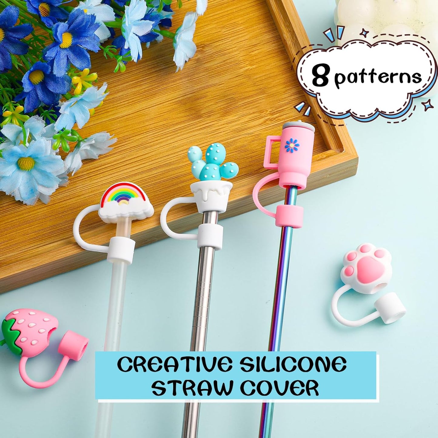 8 Pcs Animal Straw Cover Cap, Silicone Straw Topper for Stanley 30&40 Oz Tumbler Cute Straws Cap in Various Shapes, Straws Covers for 0.4 Inch/10 mm Tips Gifts for Women Girls Teens