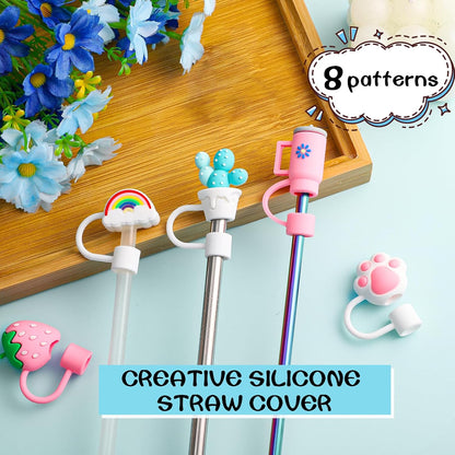 8 Pcs Animal Straw Cover Cap, Silicone Straw Topper for Stanley 30&40 Oz Tumbler Cute Straws Cap in Various Shapes, Straws Covers for 0.4 Inch/10 mm Tips Gifts for Women Girls Teens