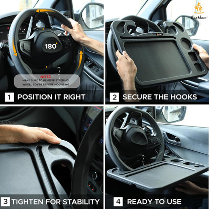 EcoNour 2 in 1 Car Steering Wheel Desk | Tray for Laptop Car Mount with Pen Holder | Desk Console for Car | Food Tray for Eating with Drinks Holder | Multipurpose Travel Car Accessories