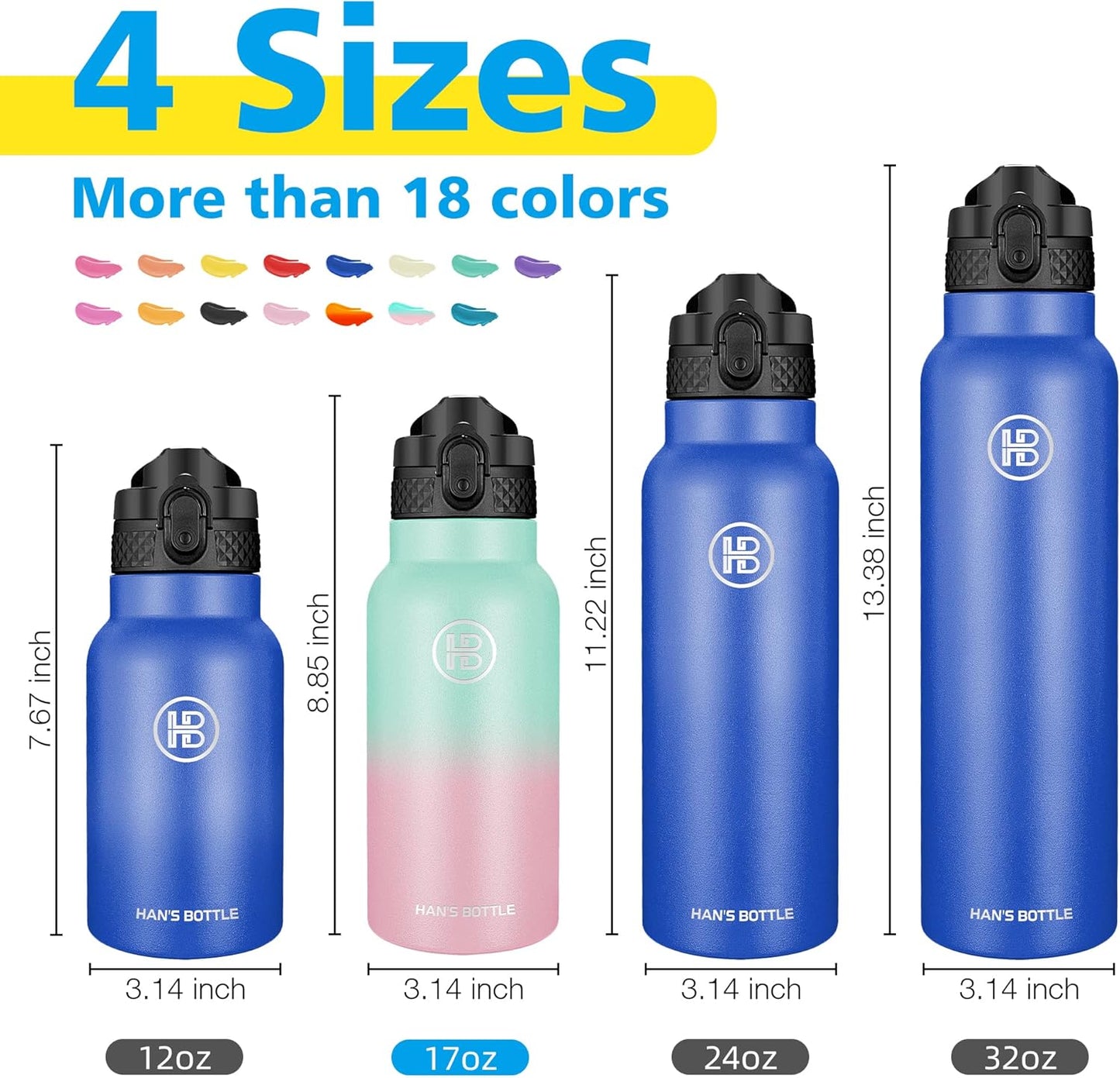 Han's Bottle Sports Water Bottle - 24 Oz, Straw Lid, Leak Proof, Vacuum Insulated Stainless Steel, Double Walled, Thermo Mug,Black