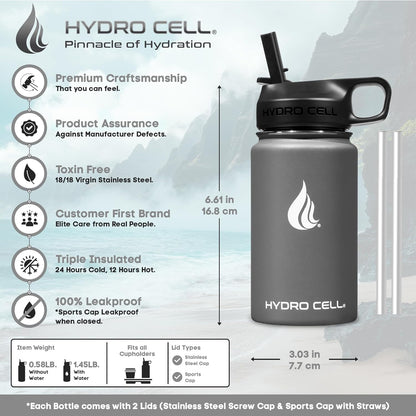 HYDRO CELL Stainless Steel Insulated Water Bottle with Straw - For Cold & Hot Drinks - Metal Vacuum Flask with Screw Cap and Modern Leakproof Sport Thermos for Adults (Neon 18oz)