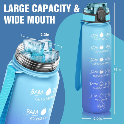 OLDLEY Water Bottle, 32oz Motivational Sports Water Bottle with Time Marker - Times to Drink - Tritan, BPA Free, Wide Mouth Leakproof, Clear (1 Bottle)