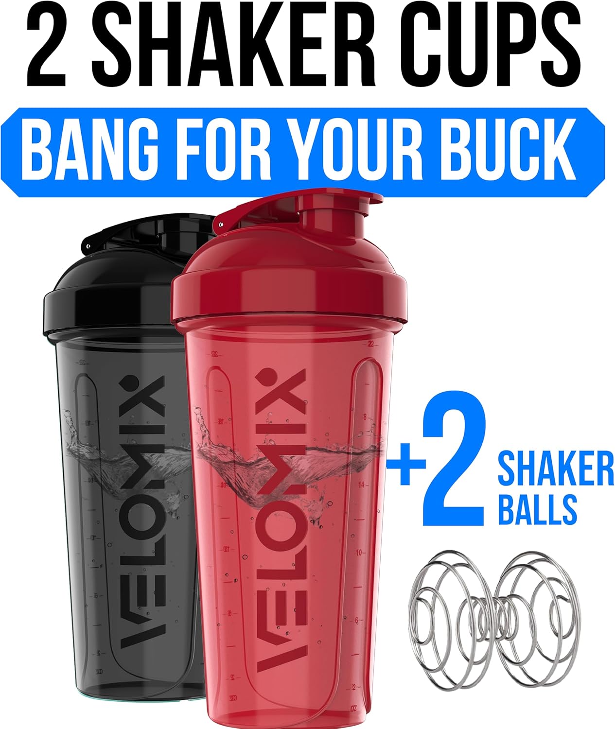 VELOMIX -2 Pack- 28 oz Protein Shaker Bottles for Protein Mixes - 2x Wire Whisk | Leak Proof Shaker Cups for Protein Shakes | Protein Shaker Bottle Pack (Black/Transparent)